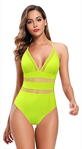 SHEKINI Femme Maillot de Bain 1 Pièce Col en V Profond Réglable Halter Beachwear Taille Transparent Maille Monokini Cutout Body Guide Swimsuit(Jaune Fluorescent,M) Cover
