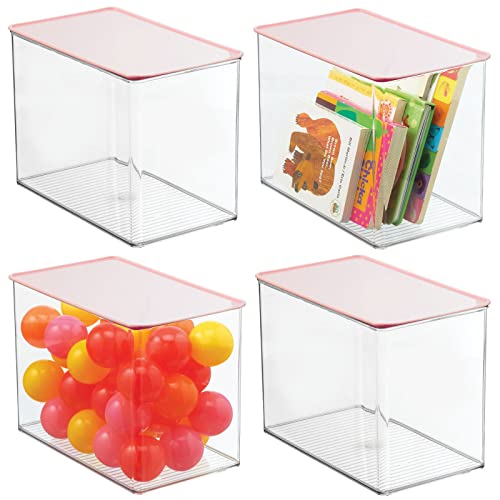 mDesign Stackable Closet Plastic Storage Bin Box with Attached Hinged Lid - for Organizing Baby/Child's/Kids Toys, Action Figures, Markers, Blocks, Crafts, Dog/Cat Toy Box - 4 Pack - Clear/Light Pink