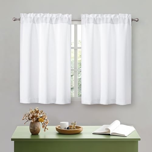 OWENIE White Kitchen Curtains Tier 36 Inch Length Short for Small Window, Curtains over Sink, Light Filtering Half Window Cafe Curtain for Bathroom Basement Cabinet Camper, 2 PCS Each 30