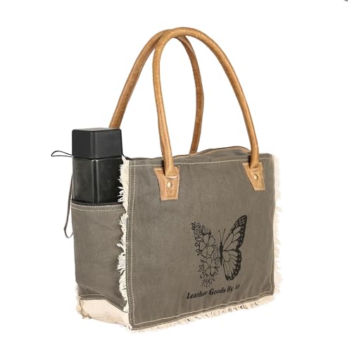 Bolsa tote de lona reciclada y cuero vacuno con acentos de cuero miniatura 5