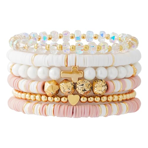 RISHEGAE Easter Bracelet Heishi Beaded Stretch Bracelets for Women Stackable Gold Beads Bracelet Friendship Summer Beach Bracelets Jewelry Set (C-Pink Cross)
