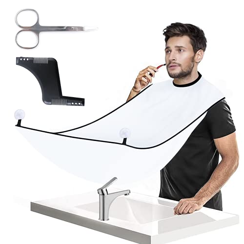 Beard Bib Beard Apron, Waterproof Shaving Apron Beard Beard Hair Catcher Non-Stick Beard Cape Grooming Cloth for Husband Dad Shaving Trimming Grooming with 2 Suction Cups Hair Comb and Scissors