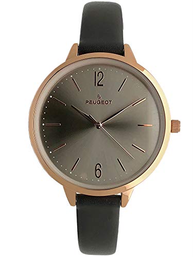 Peugeot Women's Slim Watch, 14K Rose Gold Plated Large Face Watch with Skinny Leather Strap