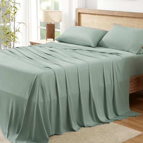 Image of Andency Sage Green King Sheets Set 100% Viscose Derived from Bamboo | Cooling Summer Sheets, Deep Pocket Up to 16 inch, Silky Soft Hotel Luxury Breathable Bedding Sheets & Pillowcases