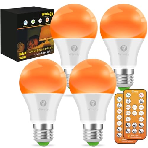 Wivety Bombilla LED para Dormir con Mando a Distancia, E27 Ámbar 1600K Bloqueo de Luz Azul A60 9W para Terapia del Sueño, Guardería, Dormitorio (4 Paquetes)