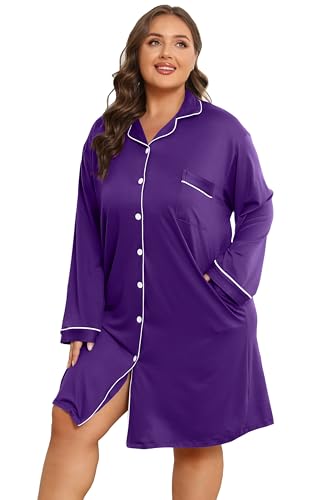 Image of Vozanet Women Button Down Nightgown Plus Size Nursing Nightshirt Long Sleeve Nighty Bridal Dress with Pockets XL-5XL