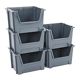 BiGDUG Essentials Large Stacking Pick Bins - 320H x 495W x 390D mm - 50L Capacity Plastic Storage Boxes (Grey, Pack of 5)