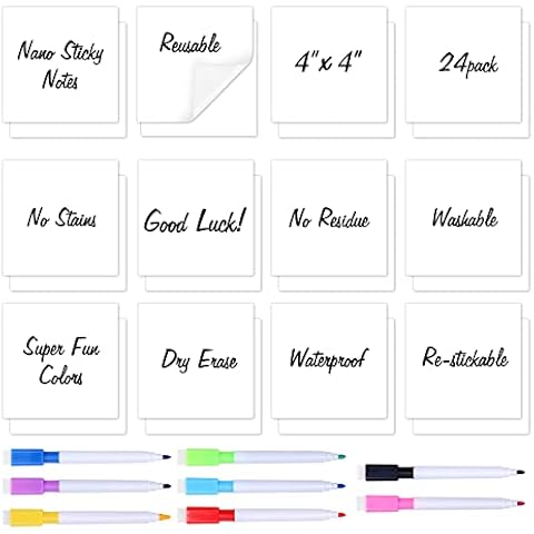 Zayvor 24 Dry Erase Sticky Notes,Reusable Washable Mini Whiteboard Stickers Squares,4 x 4 Sticky Notes Post It Notes,8 Dry Erase Markers with Eraser,for Labels Lists Reminders, Washable, Removable Cover