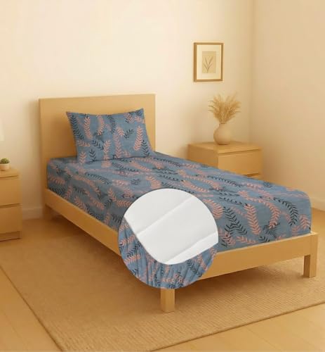 Image of la' amour Pure Cotton All Round Elastic Fitted Bedsheets with 1 Pillow Cover | Single Mattress Bed Breathable| Longlasting | Supersoft Size - 36 x 72 + 6 inches (Abstract, Color - Dark Grey Leaf)