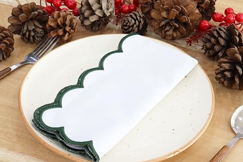 Image of PurpleEssences Scalloped Cloth Napkins 18x18 in - White Edges Forest Green