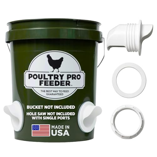 The Original Poultry Pro DIY Chicken Feeder Kit - Single Port Weatherproof - As Seen On Shark Tank Gravity Fed Chicken Feeder for Buckets Bins & Troughs (Bucket & Hole Saw Not Included) - 1 Port