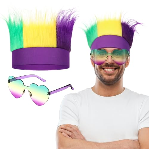 Image of Spirit Wear, Wigs and Heart Glasses for Crazy Hair Day Team Color War Fun Halloween Outfit (Mardi Gras)