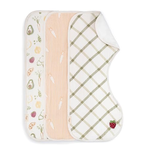 Crane Baby Clementine Cotton Muslin Burp Cloth Set of 3, Fruits & Veggie Print, Baby Boy & Girl Burp Cloths, Absorbent 100% Cotton Muslin & Terry Cloth, Soft Burping Cloths for Newborn