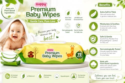 Image of Happy Premium Baby Wipes Export Quality with Aloe Vera & Vitamin E Alcohol-Free, Dermatologically Safe & pH Balanced | Gentle Skin Care for Newborns & Toddlers | Flip-Top Lid for Lasting Moisture (3, 72 count (pack of 3))