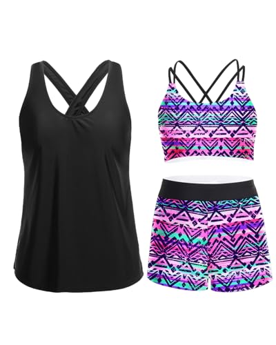 Image of Holipick 3 Piece Tankini Swimsuits for Women Tummy Control Bathing Suits Swim Tank Top with Bra Boy Shorts Teen Swimwear 2026