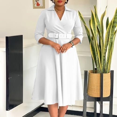 Women's Blazer Dress 3/4 Sleeve Suit Collar Dress Waist Pleated Elegance Belted Formal Work Office Business Dress3