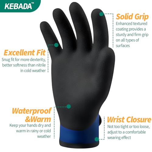 Image of Kebada T2 Waterproof Winter Work Gloves for Men and Women, 2 Pairs, Blue | Small, warm winter working gloves, wrist closure, latex coated, secure grip. Ideal for cold storage, snow removal & outdoor