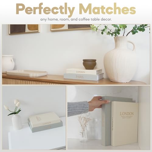 Image of Decorative Books with Storage - Set of 2 Faux Linen Book Boxes with Gold Stamped Covers - Enhance Your Coffee Table, Bookshelf or Mantle Decor - Hidden Storage for Photos, Keepsakes, and Jewelry