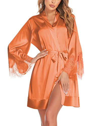 Ekouaer Robes For Women Lace Bridal Robe Short Satin Kimono Robe V Neck Bathrobe With Long Sleeve,Orange Xxl #TOP2