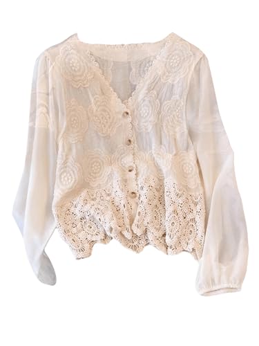 MakeMeChic Women's Button Down Shirt Floral Hollow Out Sheer Mesh Top Blouse