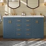 THINK 30 60 Inch Blue Bathroom Vanity with Double Sink,Modern Double Sink Vanity with 6 Drawers & 2 Spacious Cabinets,Soft Closing Doors with Gold Handles,Solid Wood Frame,Herringbone Front(2*30 Inch)