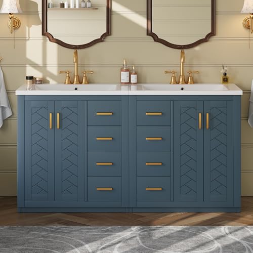 60 Inch Dark Blue Bathroom Vanity with Double Sink,Modern Double
