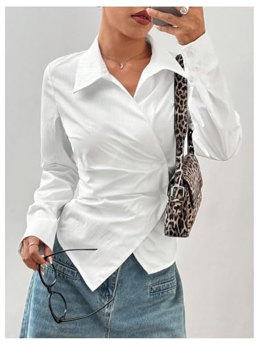 GORGLITTER Women's Wrap Asymmetrical Hem Button Up Shirt Long Sleeve Collared Blouse Tops4