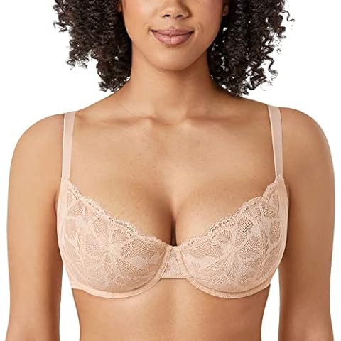 Delimira Women's Balcony Bra Plus Size No Padding Sexy Lace Underwired Bras Beige 34E Cover