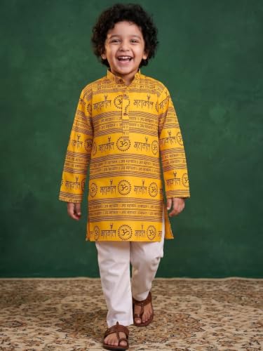 Image of AJ DEZINES Boys Cotton Full Sleeve Letter Printed Kurta Pajama Set for Kids - Ethnic wear | Special Occasion & Traditional Outfit |Boys Kurta Set - Regular Fit