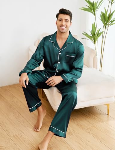 ZUEVI Men's Satin Silky Pajamas set Classic Silk like Sleepwear Set Button-Down Loungwear Two-Piece Pj Sets4