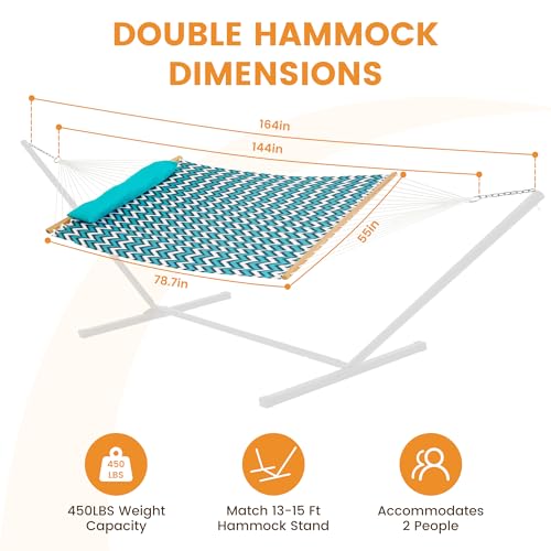 Image of Lazy Daze Hammocks 12 FT Quilted Fabric Double Hammock with Spreader Bars and Detachable Pillow, 2 Person Hammock for Outdoor Patio Backyard Poolside, 450 LBS Weight Capacity, White & Blue Chevron