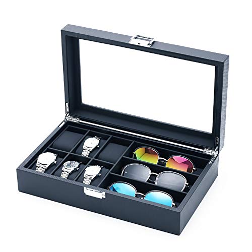 MQ Watch Box Eyeglass Sunglass Organizer with Glass Top for Men / Women, Carbon Fiber Watch Holder Jewelry Case Box, 6 Slot for Watch Display & 3 Compartment for Eyeglass Collection (Black)