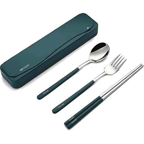 DEVICO Travel Utensils, 18/8 Stainless Steel Portable Reusable Camping Silverware Cutlery Flatware Set, 4-Piece Include Fork Spoon Chopsticks with Case (Dark Green) Cover