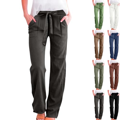 Linen Pants Women Tie High Waisted Wide Leg Trousers Palazzo Pants Dressy Casual Flowy Boho Beach Pants with Pockets