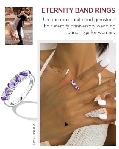 DAYBYDAY Birthstone Rings for Women 925 Sterling Silver Emerald Cut Eterinty Band Ring Created Gemstone Moissanite Wedding Band Anniversary Ring Size 6-102