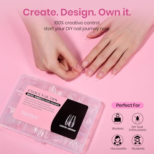 Image of Beetles Gel Nail Tips Etch-X- Coffin Medium, 384pcs 12 Sizes Pre-Etched