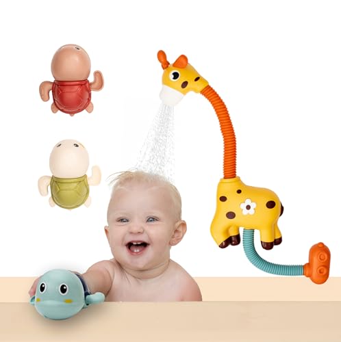 Image of ShopE-Life Baby Bath Shower Head Kit - Turn Bathtime into Playtime with Gentle Electric Giraffe Baby Shower Head for Bathtub & 3 Colorful Wind-Up Turtle Swimming Bath Toys for Toddlers & Kids