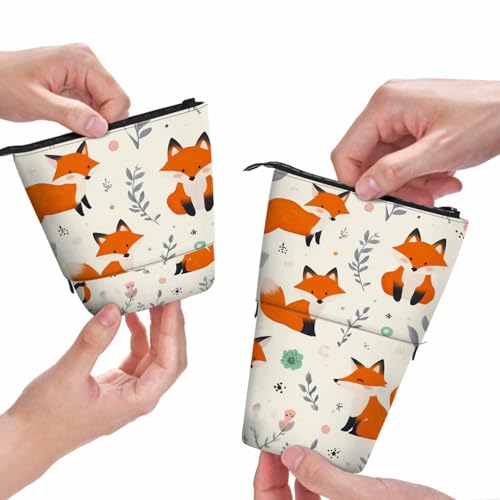 Image of Swono Foxes Flowers Pencil Case Lovely Cute Fox Leaf Standing Pencil Case Pencil Holder Pencil Pouch Cosmetics Pouch Makeup Office Bag Beige