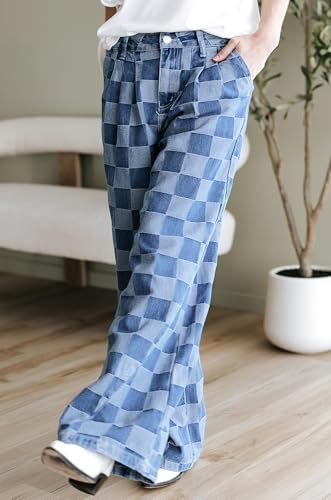 ebossy Women's Trendy Plaid Wide Leg Denim Pants High Waist Baggy Loose Checkerboard Patern Long Jeans3