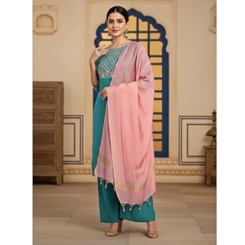 Image of Women Rayon Embroidered Kurta with Pant and Dupatta Set
