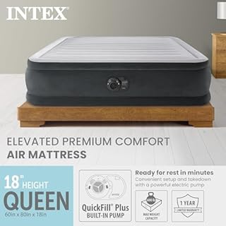Intex Dura-Beam Deluxe Comfort-Plush Elevated: Fiber-Tech – Queen Size – Built-in Electric Pump – 18in Bed Height – 600lb Weight Capacity