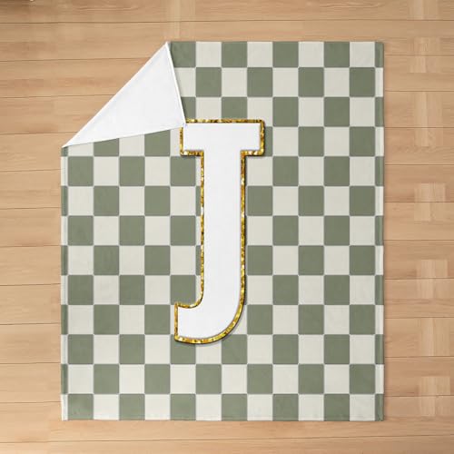 Image of Erosebridal Sage Green Checkered Flannel Blanket Plaid Initial J Fuzzy Plush Throw Personalized Monogram Fleece Blanket for Kids Boys Girls,Fashion Grids Gingham Decor for Bed Couch Baby 30 inchx40 inch