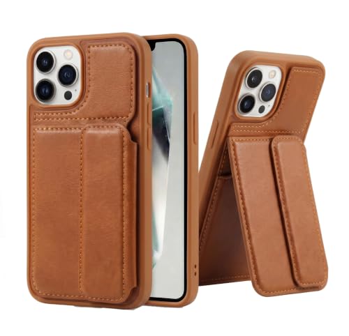 Image of amazon basics Luxury Vegan Leather Back Cover for iPhone 15 Pro | Built-in Card Holder Slot | Integrated Mobile Stand | Slim Shockproof Protective Case with Stitched Finish - Tan