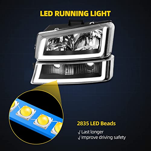 Image of DWVO LED DRL Headlight Assembly Compatible with 2003-2006 Silverado Black