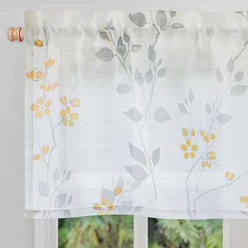 Image of Beauoop Linen Floral Valance Curtains for Kitchen Yellow Grey 52x18 1 Panel