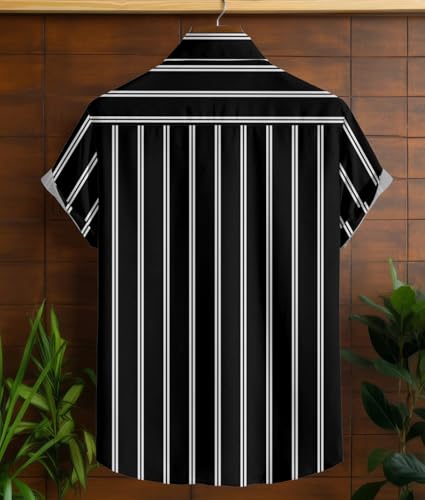 Image of Vertical Striped Short Sleeve Casual Shirt for Men, Stratchable 100% Spandex Material,Black and White
