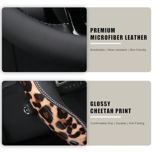 KAFEEK Leopard Steering Wheel Cover for Women, 15 Inch Leather, Brown — view 3