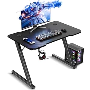 Gaming Tisch 80 x 52 cm, Gaming Schreibtisch, PC Tisch mit Kopfhörerhaken und Kohlefaserbeschichtung, Ergonomischer Computertisch, Metallgestell, Kohlefaser Schwarz