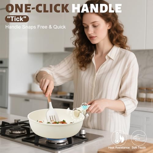 Numola 10 pcs Pots and Pan Set Non Stick with Detachable Handle, Ceramic Cookware Set for Stackable, Induction Kitchen Cookware Set for RV, Dishwasher & Oven Safe, Cream White