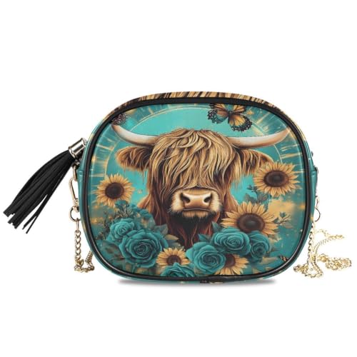 Image of ALAZA Women's Highland Cow Butterfly Rose PU Leather Crossbody Bag Shoulder Purse with Tassel